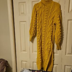 Cozy Cable-Knit Turtleneck Sweater Dress - Mustard